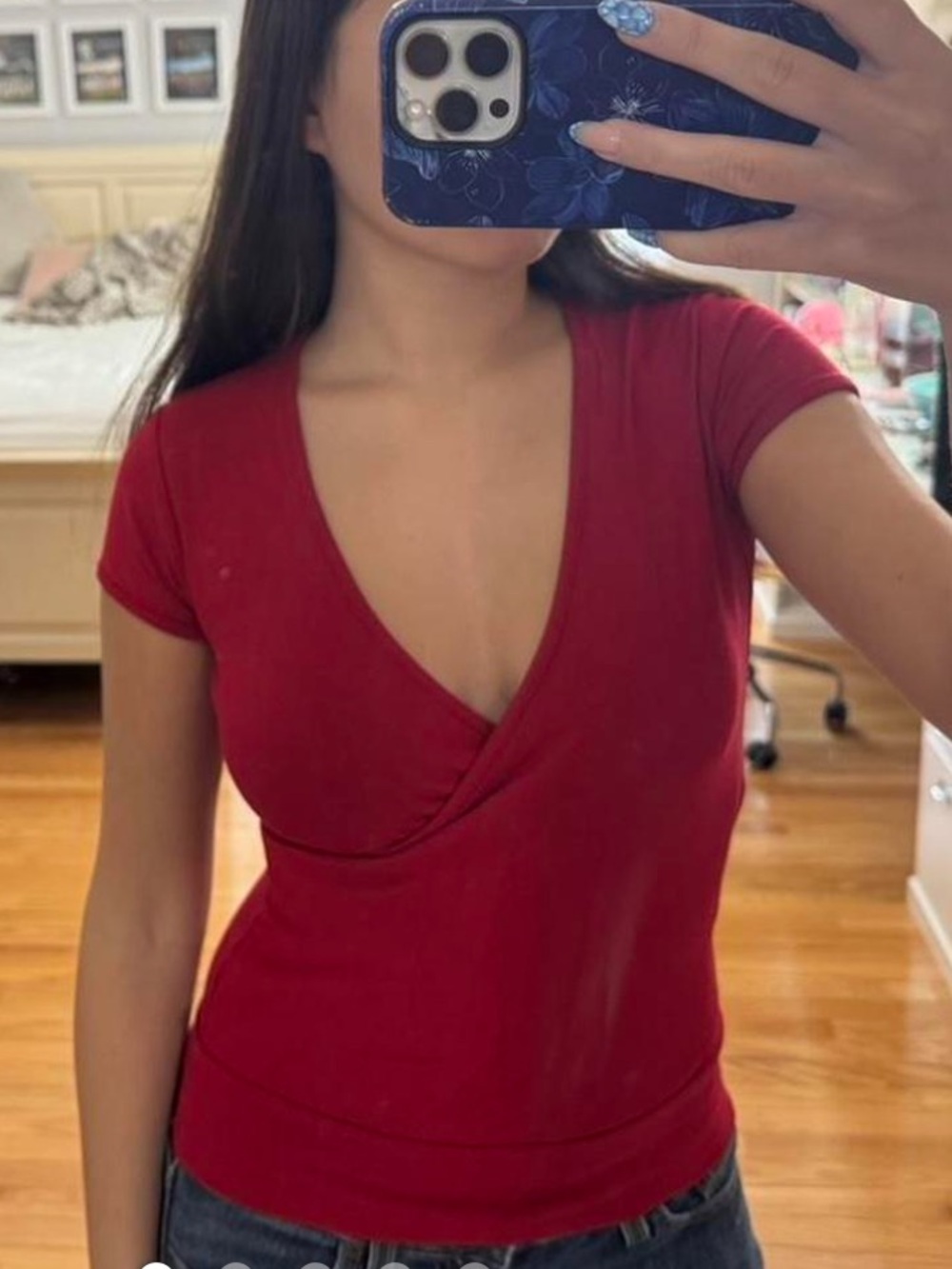 Red V-Neck Wrap-Style Short Sleeve Top